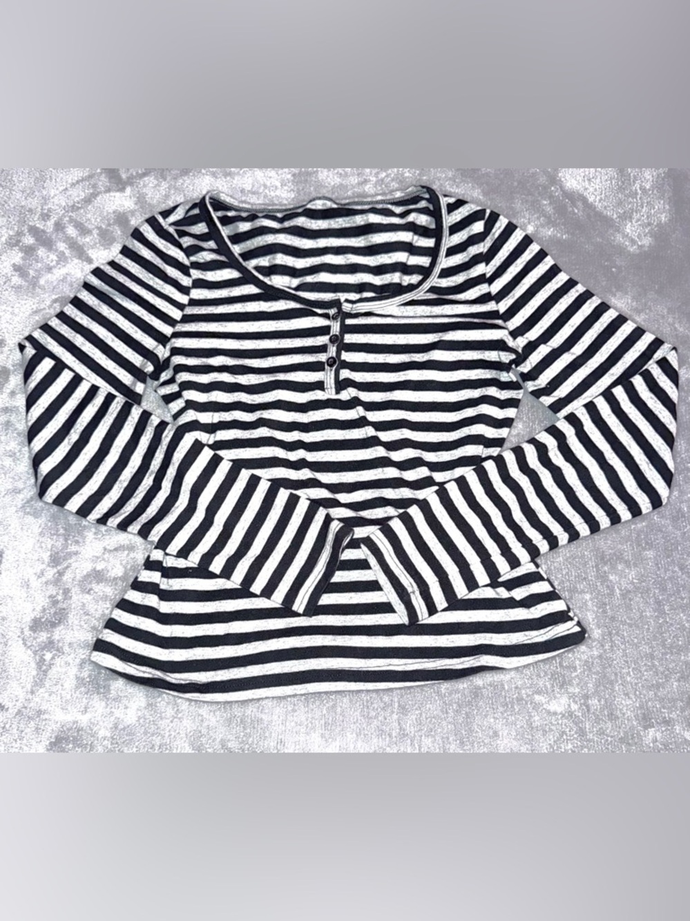 Y2K Black Gray Striped Henley Long Sleeve Top Small